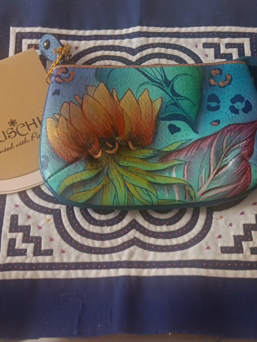 Hand-Painted Floral Zip Pouch - Teal & Orange